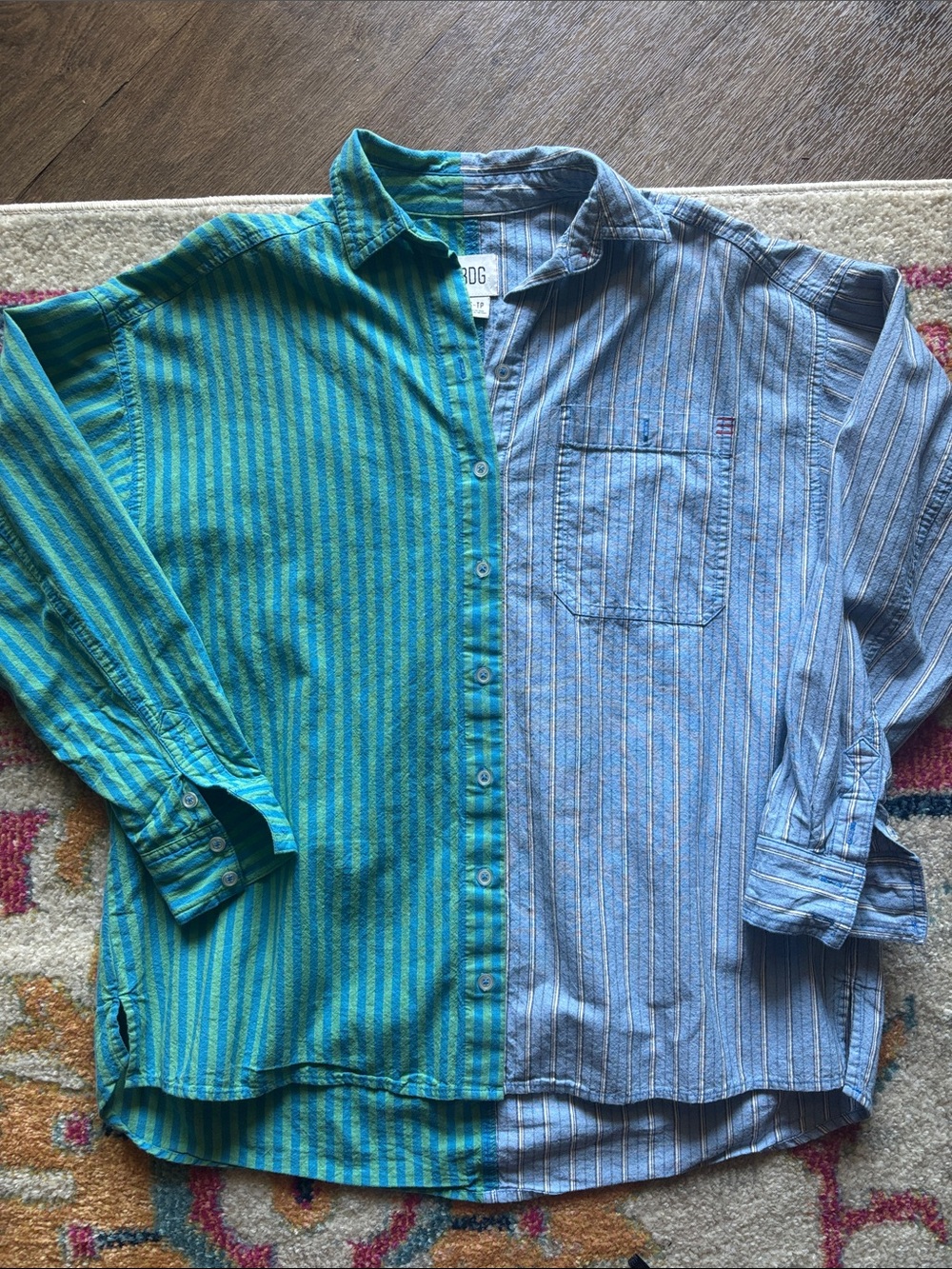 BDG Two-Tone Green and Blue Stripe Unisex Button-Up Shirt